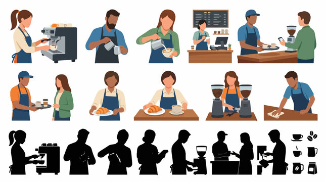 Professional vector collection featuring different barista character poses, preparing coffee, serving drinks, operating espresso machine, making latte art, taking cafe orders