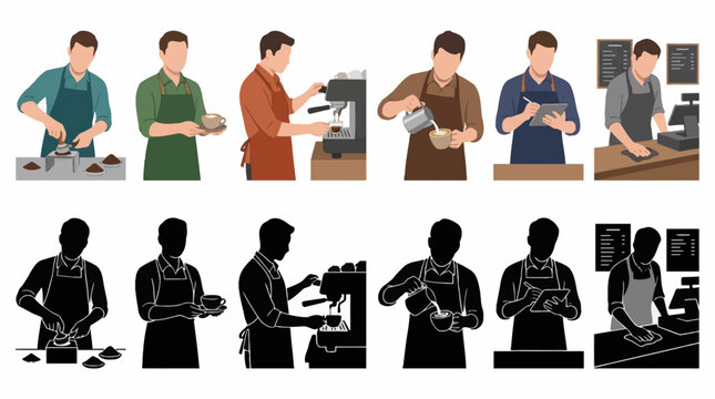 Professional vector collection featuring different barista character poses, preparing coffee, serving drinks, operating espresso machine, making latte art, taking cafe orders