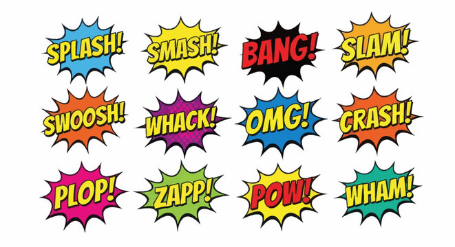 Comic book sound effects explode in a vibrant display of colorful speech bubbles.