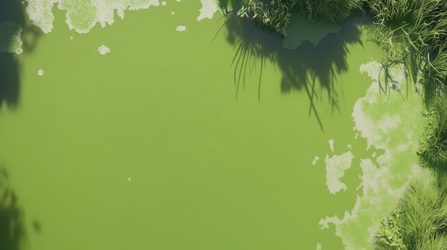 Vibrant toxic algae blooms forming on the surface of a polluted pond with lush wetland vegetation in the background
