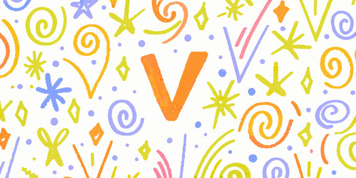 Abstract doodle pattern with a large red capital v letter
