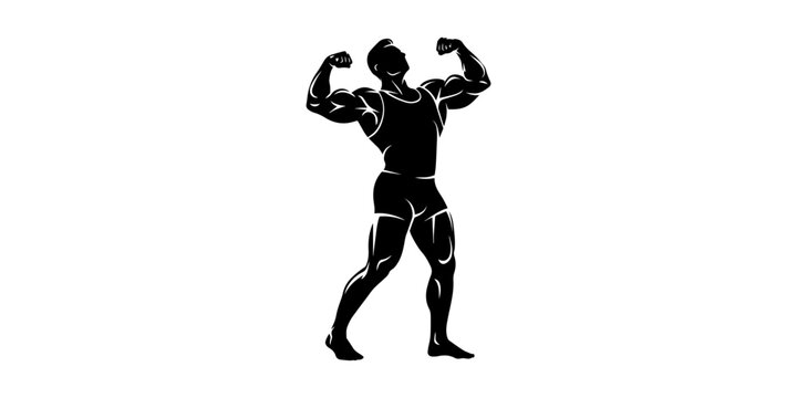 Muscular bodybuilder vector silhouette illustration isolated on white background. Sport man strong arms. Body builder athlete showing muscles. Boy with muscular body pose exhibition in competition.