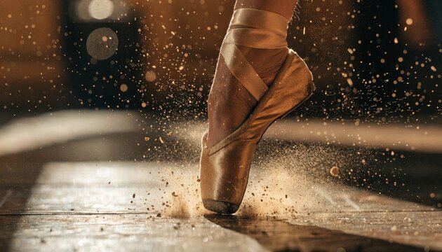 Exquisite close-up of a professional ballet dancer landing gracefully on a dark wooden stage, sending a cloud of rosin and dust into the air, highlighting the intense physicality of dance.