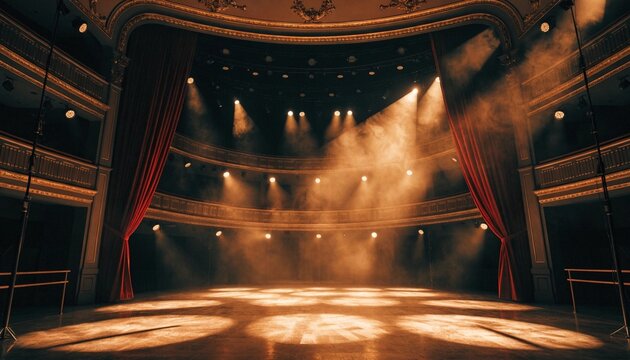 Empty grand theater stage featuring luxurious red velvet curtains drawn back and polished wooden floor, perfectly prepared for a majestic ballet or opera performance in a classic venue.