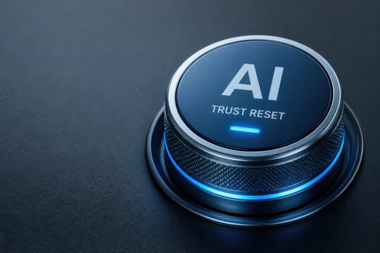 AI trust reset button on a sleek futuristic control panel in blue 3D rendering
