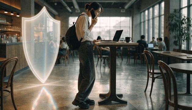 Security conscious freelancer standing beside a large glowing digital shield icon in a cafe setting, representing robust cyber security measures, data protection, and safety in the remote workspace.