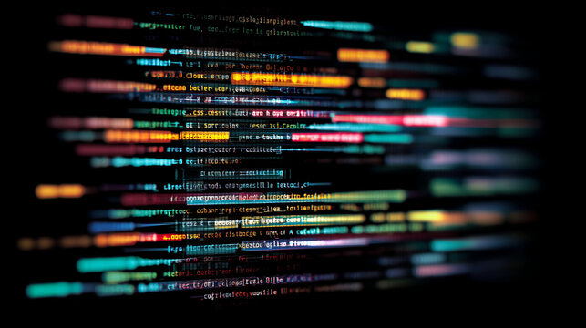 Colorful programming code on dark screen, abstract software development background with glowing syntax lines, cybersecurity, data processing, artificial intelligence, digital techn