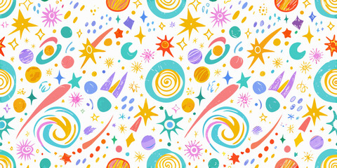 Fototapeta premium Cosmic Doodle Pattern With Stars Planets And Swirls On White Background
