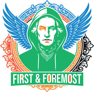 Illustration of a stylized military veteran emblem featuring wings, a portrait, and first foremost banner in ornate vintage design.