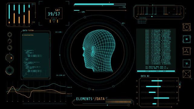Animated high-tech screen with person identification and data processing