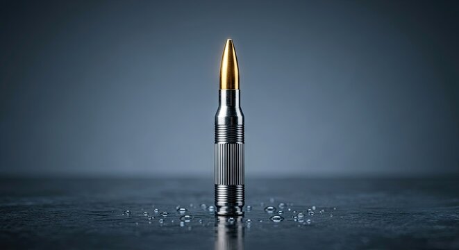 Golden bullet standing on reflective surface