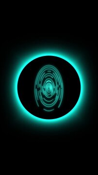 Glowing blue fingerprint icon inside a dark circle on black background, showing biometric security, digital identity and modern technology in a clean futuristic style