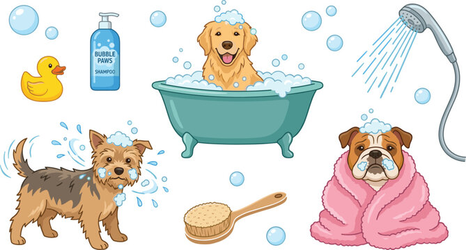 Cute Dog Bathing and Grooming Icon Set with Golden Retriever Bulldog Terrier Shampoo Tub and Rubber Duck Vector Illustration