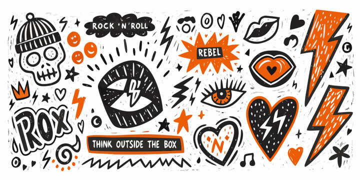 Punk Rock Doodle Pattern With Skulls Lightning And Musical Notes