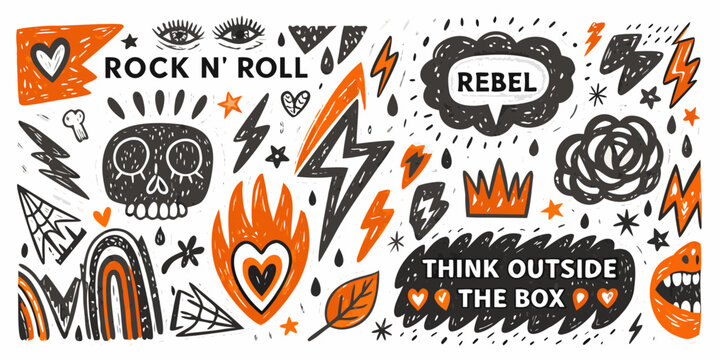 Punk rock doodle pattern with skulls lightning bolts and text on white background