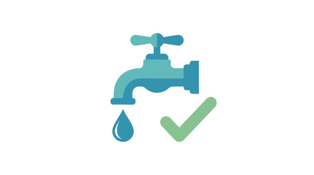 Water tap icon with drop and checkmark, clean water supply concept