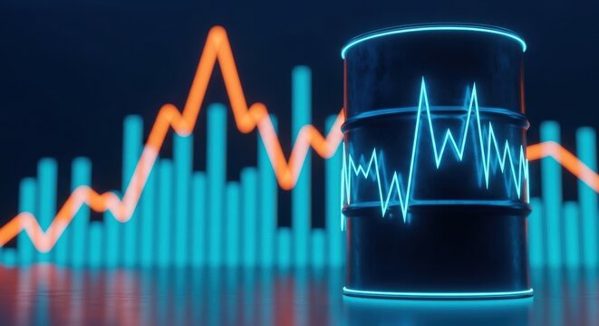 Global oil price analysis with glowing digital stock market charts, crude oil barrel with neon data visualization, energy industry financial trends