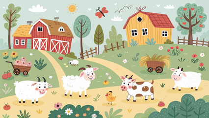 Naklejka premium Cute farm landscape with cartoon animals, red barn, yellow house, trees, flowers and hay cart in a sunny meadow, vector illustration for kids