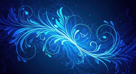 Naklejka premium A blue and white abstract floral design with swirling patterns and glowing blue elements on a dark blue background.