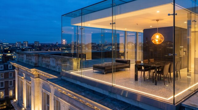 Luxury penthouse apartment balcony with city skyline at dusk