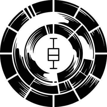 Abstract Circular Design: A black and white abstract circular graphic featuring a stylized box plot at its center, surrounded by textured brush strokes and segmented rings.