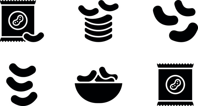 Potato Chips and Corn Puffs Snack Solid Silhouette Icon Set Featuring Foil Packaging Bowls Stacks and Loose Crisps for Junk Food Graphic Designs