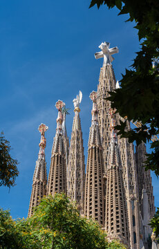 Barcelona, Spain. June 13, 2026, Sagrada Familia basilica spires reaching skyward with the Jesus tower cross. Barcelona landmark and UNESCO World Heritage site