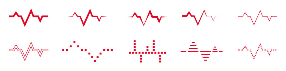 Obraz premium A collection of ten unique red heartbeat and pulse line designs, including solid, dotted, dashed, and stacked styles, perfect for medical and technology themes.
