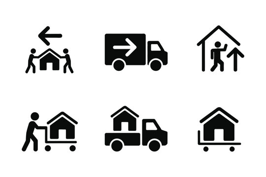 Moving house icon set featuring people relocating with trucks, boxes, hand carts and transportation equipment vector illustrations.