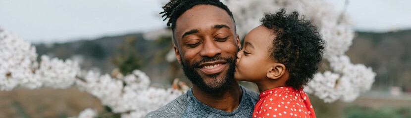 Fototapeta premium Father receiving kiss from toddler in blossom park during spring