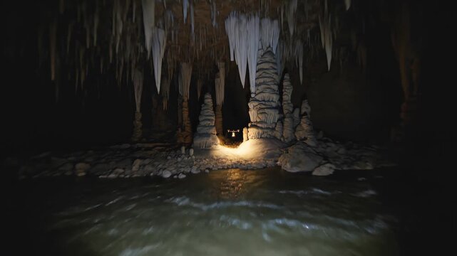 cave fpv drone firstperson underground cavern racing exploration dark geology Fast flight follows a narrow illuminated route through chambers filled with stalactites rock columns and water revealing