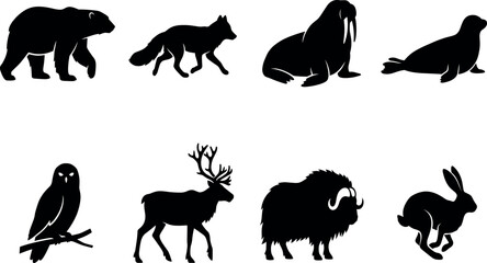 Black Silhouettes of Arctic Wildlife Animals Including Bear, Reindeer, Walrus and Owl IllustrationBlack Silhouettes of Arctic Wildlife Animals Including Bear, Reindeer, Walrus and Owl Illustration © MdShihabUddin