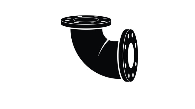 Detailed black silhouette of a curved industrial pipe connector with circular flanges designed as a clean vector graphic illustration for engineering and construction project planning documents