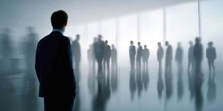 A professional businessman, boss, leader in a dark formal suit, back view standing observing a blurred crowd of corporate colleagues, employees walking through a bright modern office interior hallway.