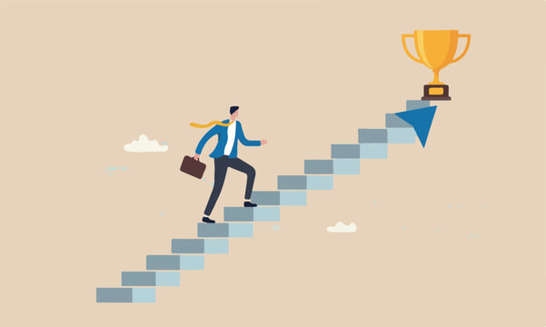Business walking up staircase with rising arrow into high sky to winning trophy the final top section
