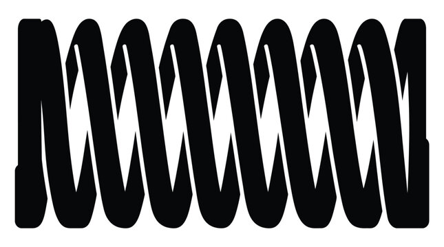 Detailed black and white vector illustration of a coiled metal spring featuring a bold graphic design isolated on a clean white background for industrial use