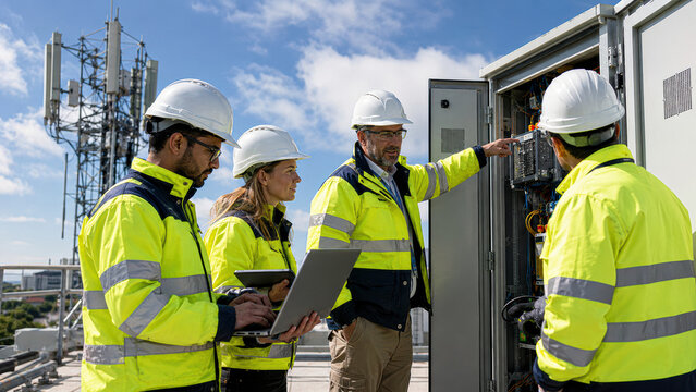 Four technicians in high-visibility jackets and helmets inspect and maintain telecommunications equipment outdoors under a partly cloudy sky.