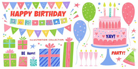 Fototapeta premium Birthday Illustration Collection With Cake Balloons And Party Decorations