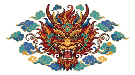Fototapeta premium Ornate Chinese Dragon Head Illustration with Traditional Clouds and Vibrant Colors