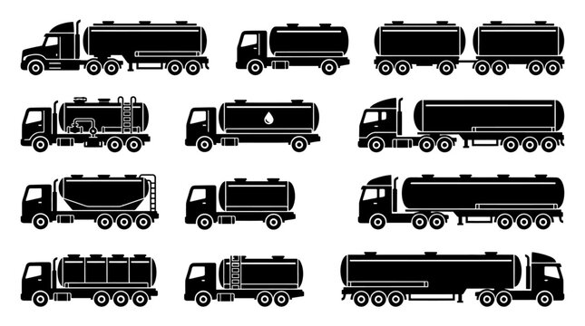 Black silhouettes of large trucks side view.