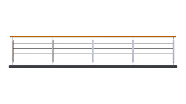 Modern balcony railing with wood handrail and cable steel balustrade design isolated on transparent background.