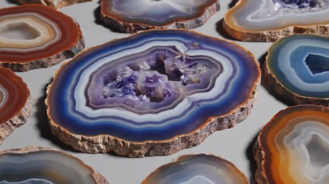 Exquisite Agate Slice with Amethyst Crystals and Banded Layers