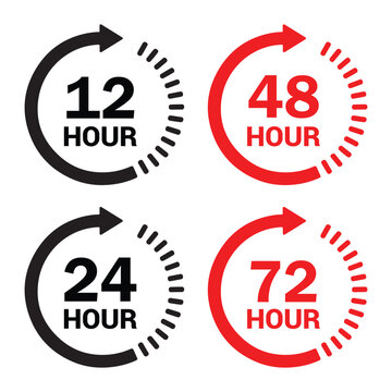 Circular arrow icons with hour timeframes 12 24 48 72 for delivery or service speed Isolated on white background