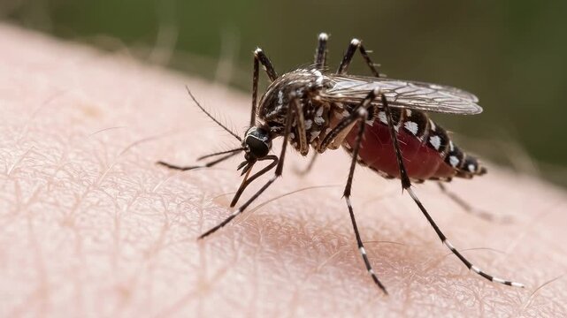 Aedes mosquito feeding on human skin sucking blood macro close up
