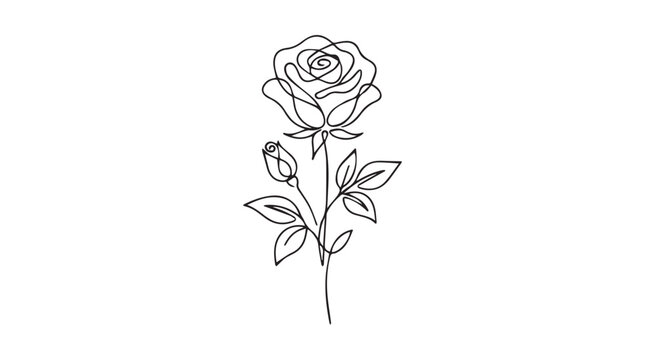 Black and white rose flower with leaves line drawing