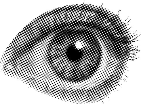 Halftone illustration of a human eye with eyelashes and iris details