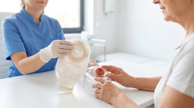 Stoma nurse demonstrating an ostomy pouch and stoma model to an older patient in clinic, colostomy care education, postoperative recovery and patient support concept.