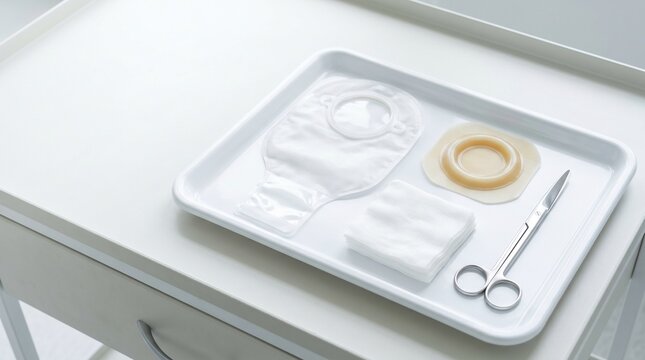 Ostomy care kit on sterile clinic tray with colostomy pouch, hydrocolloid skin barrier wafer, gauze pads and surgical scissors, stoma care preparation concept.