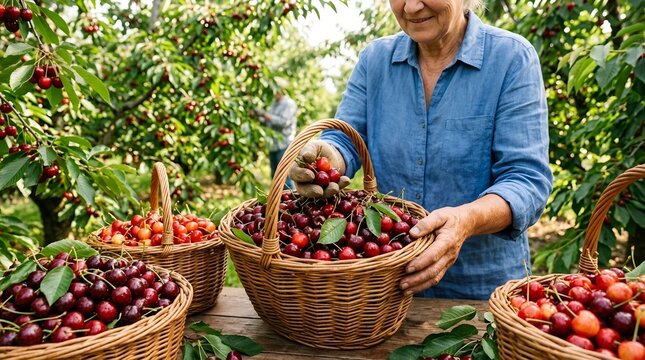 Elderly Woman Harvesting Fresh Cherries in an Orchard