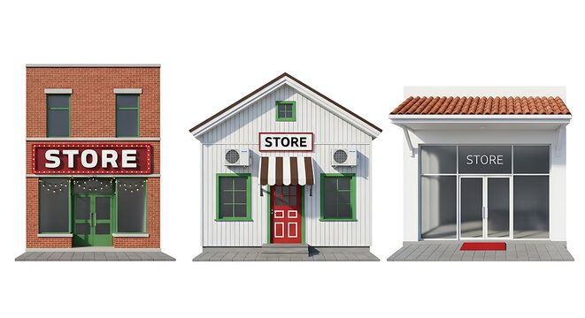 Three distinct small store building facades isolated on white background with building architecture business commercial isolated miniature exterior traditional frontage